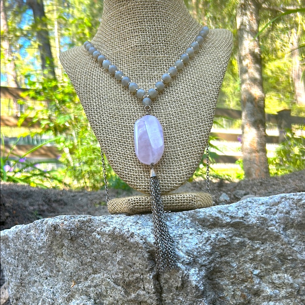 Rose quartz pendant and crackled agate Stone handmade vintage Necklace - Picture 1 of 7
